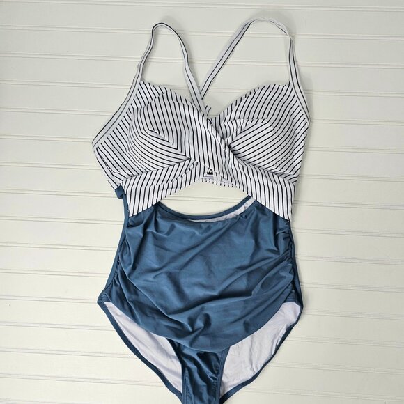 Women's Blue Striped Wrap Top Cut Out High Waist One Piece Swimsuit Size XL NWT - Picture 2 of 13